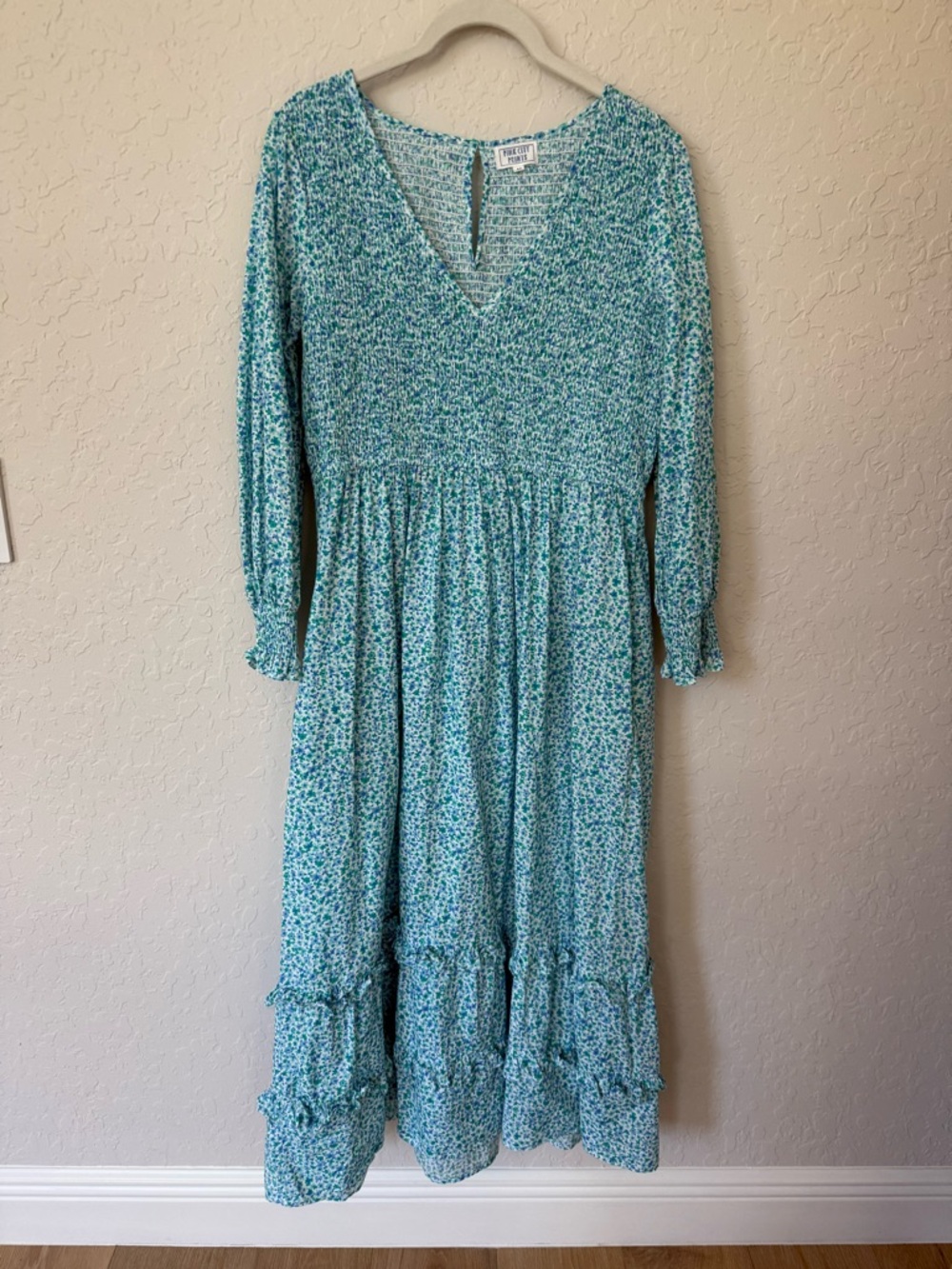 Pink City Prints Smocked Tiered Floral Midi Dress in Aqua Size Medium